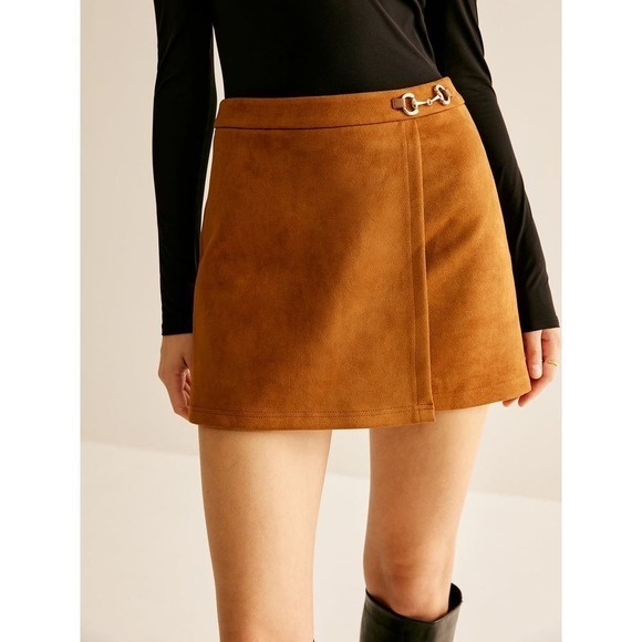Metal-Detail Suede Mini Skirt Brown Equestrian Style Horse Bit Buckle‎ - Picture 1 of 8